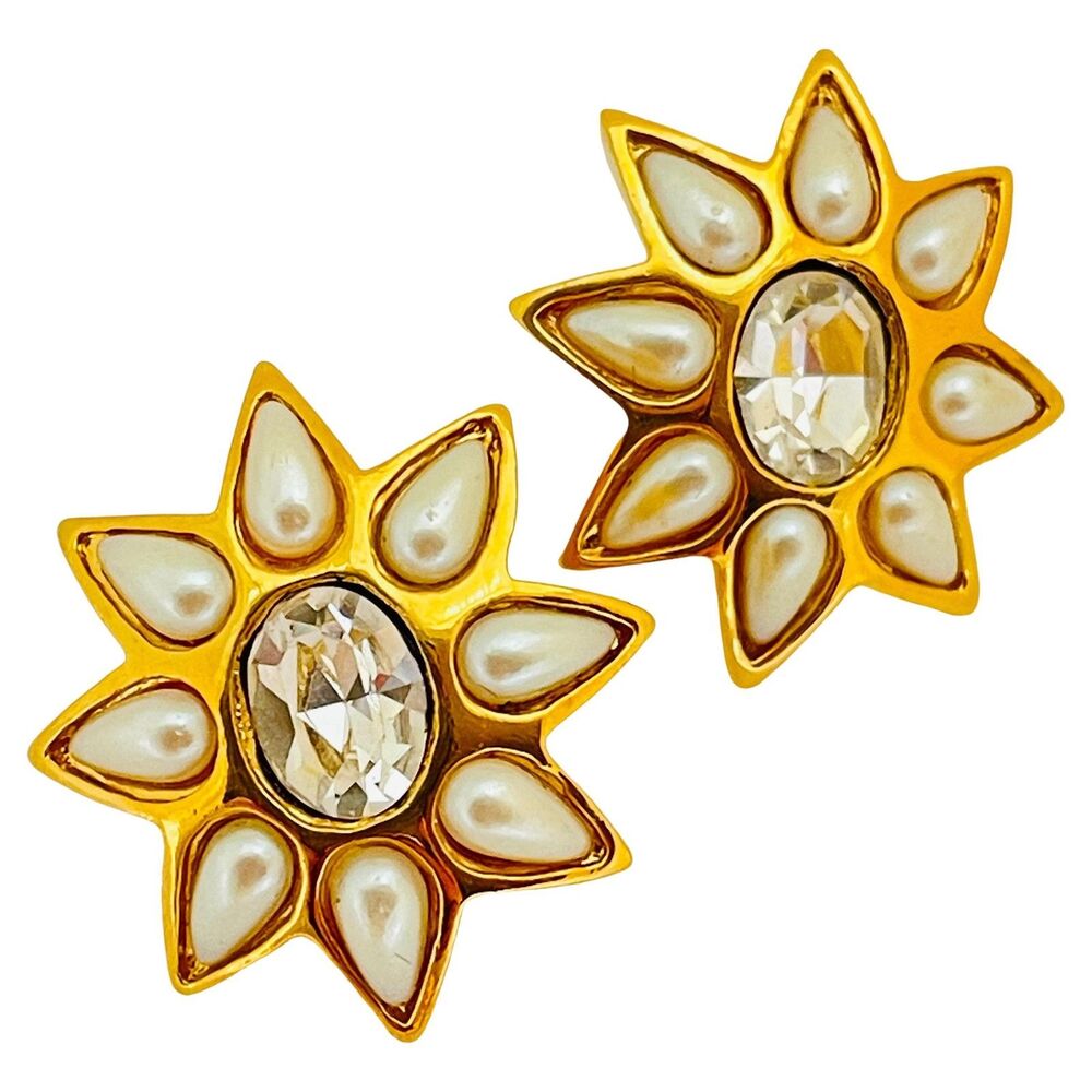 ST JOHN signed gold plated crystal pearl star designer runway  earrings